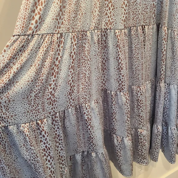 KARLIE Icy Blue And Brown Dot Print Satin Oversized Tiered Maxi Dress - Picture 5 of 12